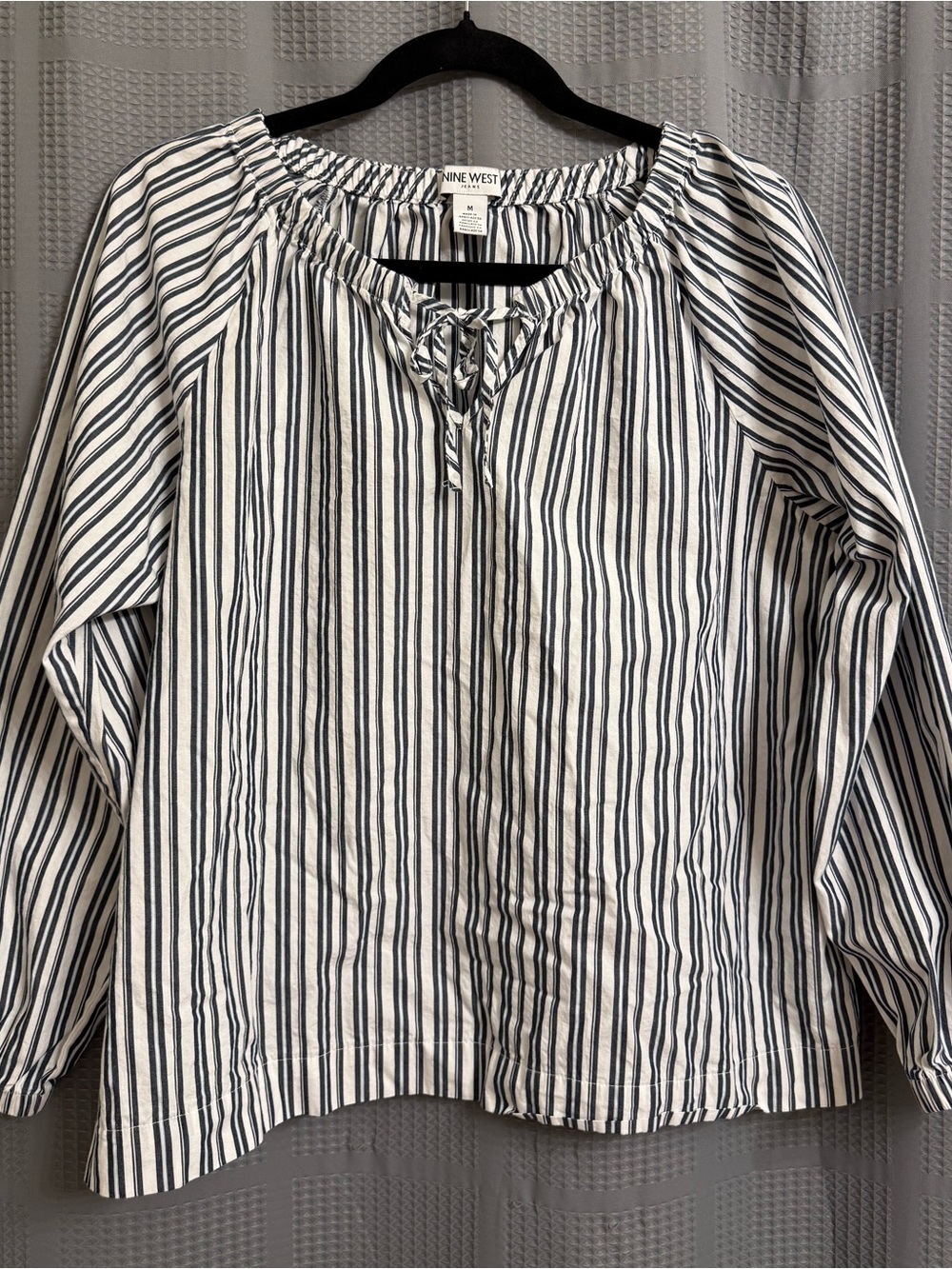Nine West White and Navy Striped Peasant Top
